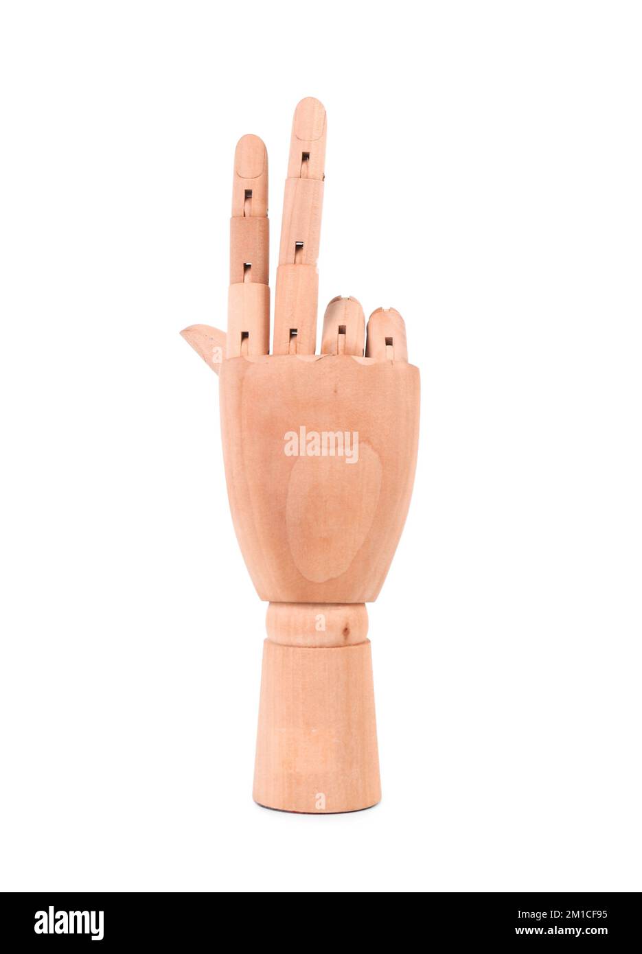Dekorative Holzhand mit zwei Fingern auf weißem Hintergrund Stockfoto