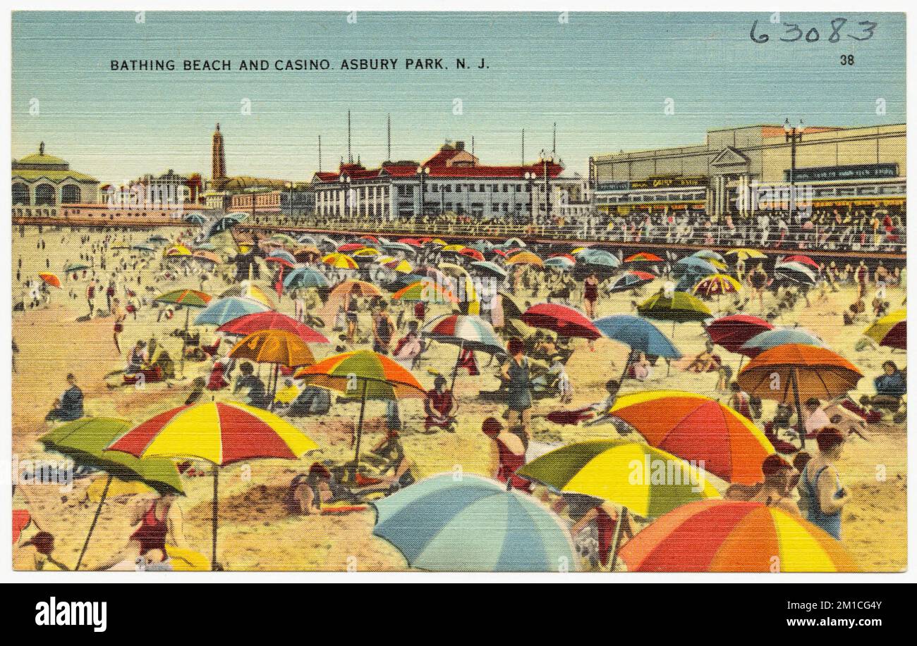 Badestrand und Kasino, Asbury Park, N. J. , Strände, Promenaden, Sport- und Freizeiteinrichtungen, Tichnor Brothers Collection, Postkarten der Vereinigten Staaten Stockfoto