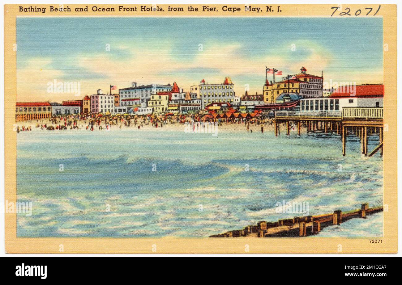 Badestrand und Hotels am Meer, vom Pier, Cape May, N. J. , Strände, Hotels, Tichnor Brothers Collection, Postkarten der Vereinigten Staaten Stockfoto