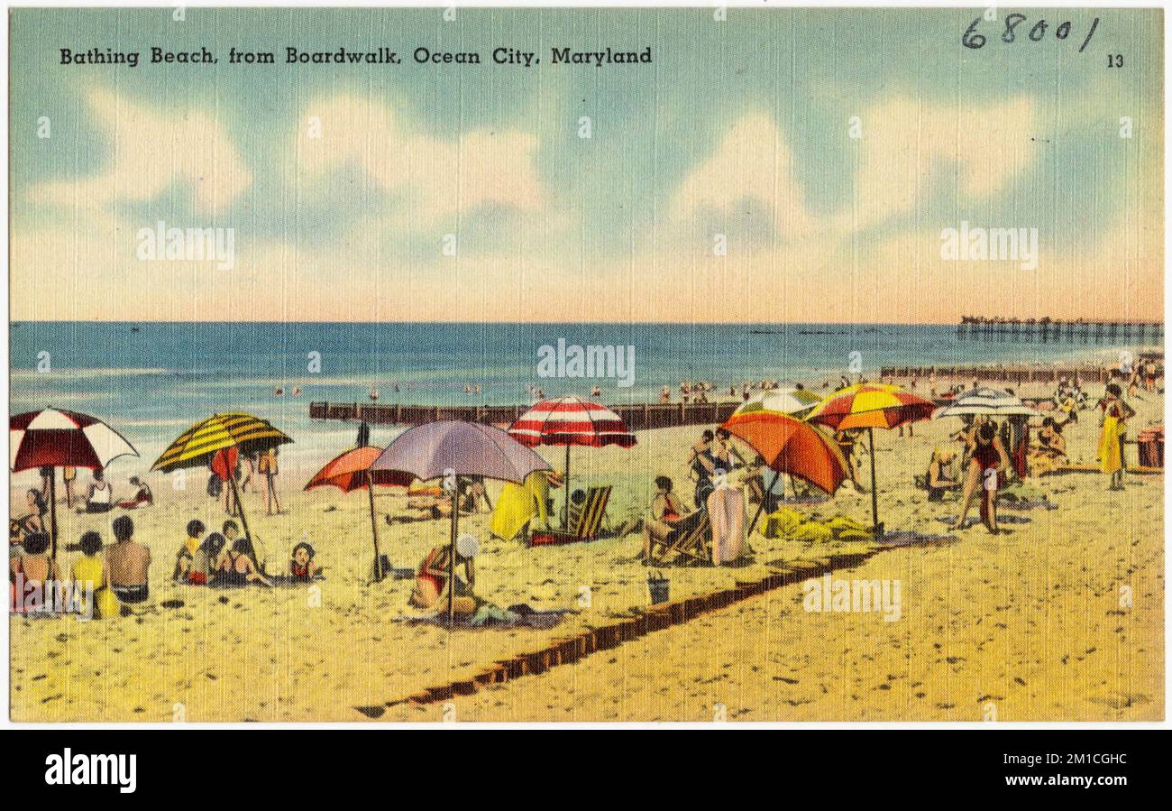 Badestrand, von der Promenade, Ocean City, Maryland, Strände, Tichnor Brothers Collection, Postkarten der Vereinigten Staaten Stockfoto