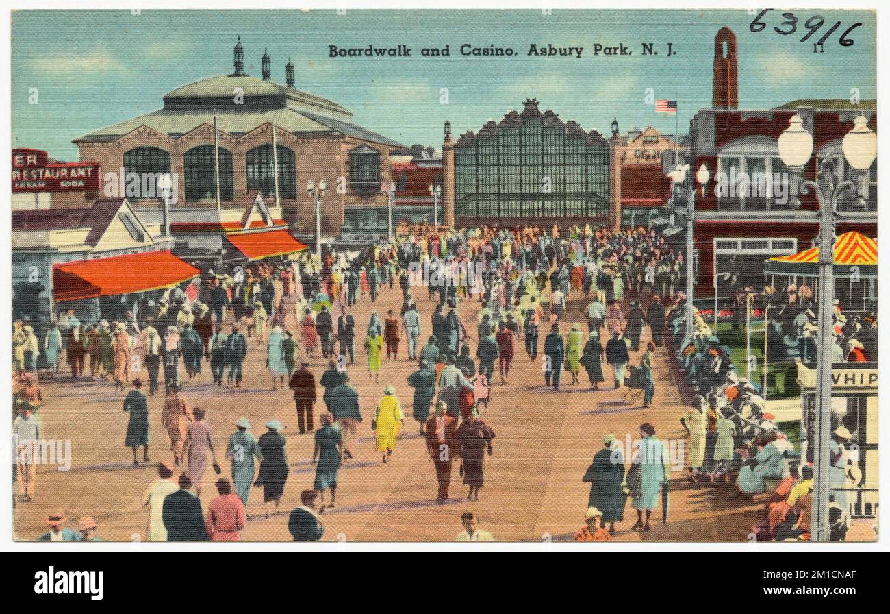 Boardwalk und Casino, Asbury Park, N. J. , Sport- und Erholungseinrichtungen, Boardwalk, Tichnor Brothers Collection, Postkarten der Vereinigten Staaten Stockfoto