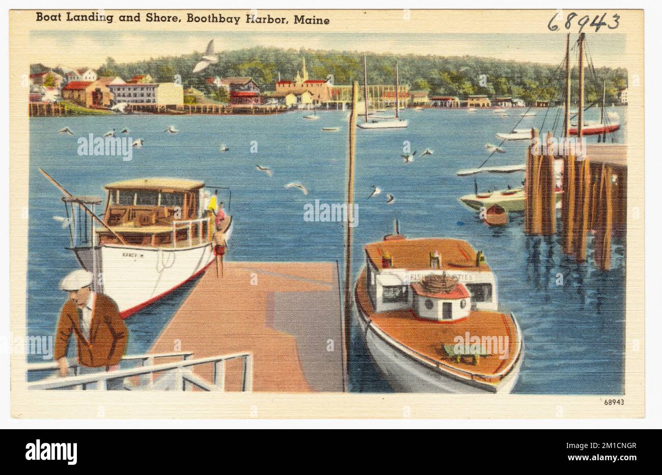 Bootsanlegestelle und Küste, Boothbay Harbor, Maine, Piers & Kai, Boote, Harbors, Tichnor Brothers Collection, Postkarten der Vereinigten Staaten Stockfoto