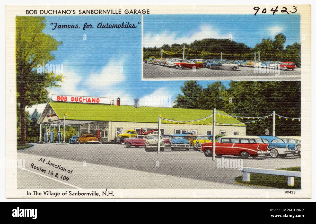 Bob Duchano's Sanbornville Garage im Dorf Sanbornville, N. H. , Automobil-Tankstellen, Tichnor Brothers Collection, Postkarten der Vereinigten Staaten Stockfoto