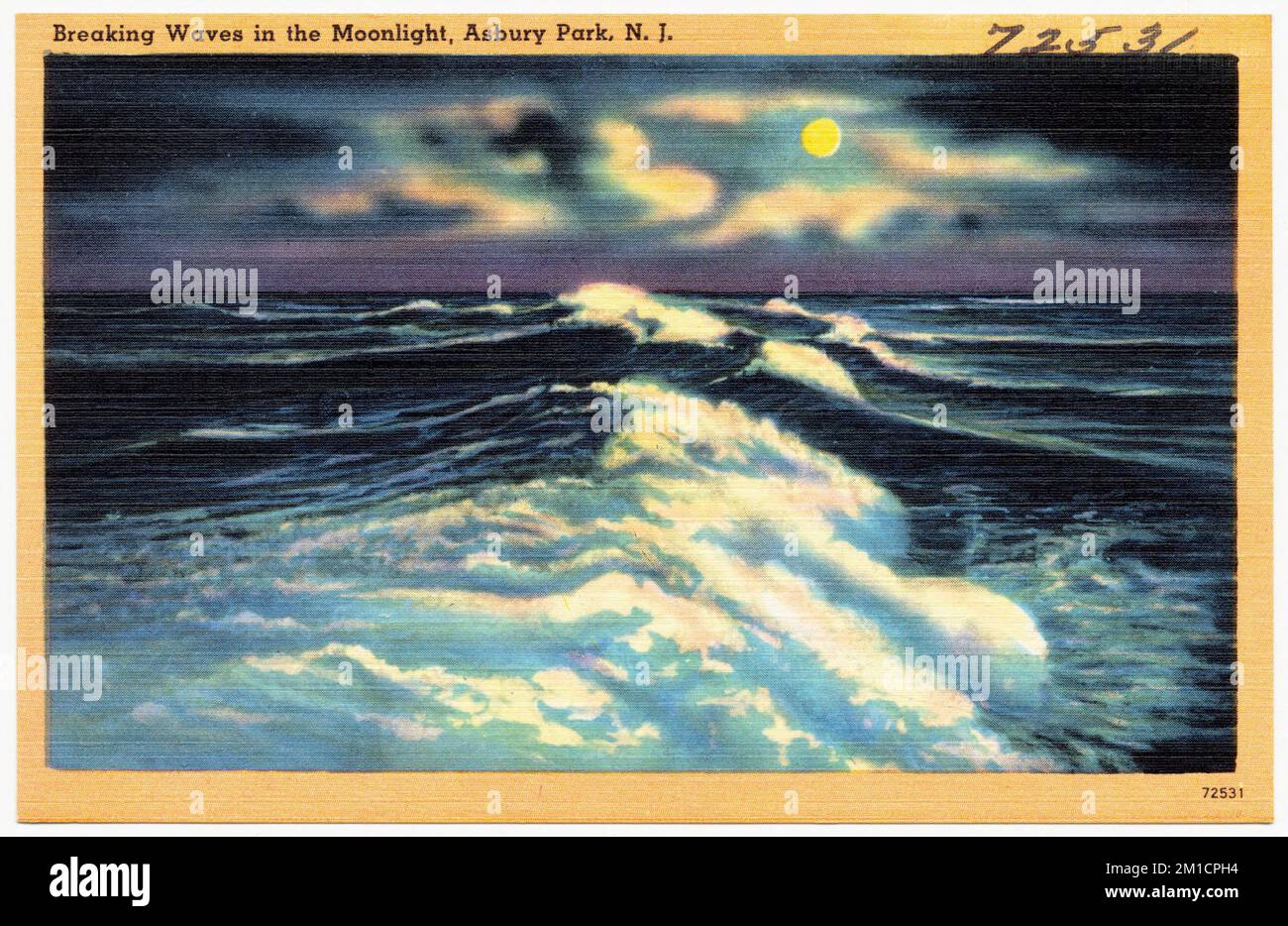 Breaking Waves in the Moonlight, Asbury Park, N. J. , Beaches, Tichnor Brothers Collection, Postkarten der Vereinigten Staaten Stockfoto