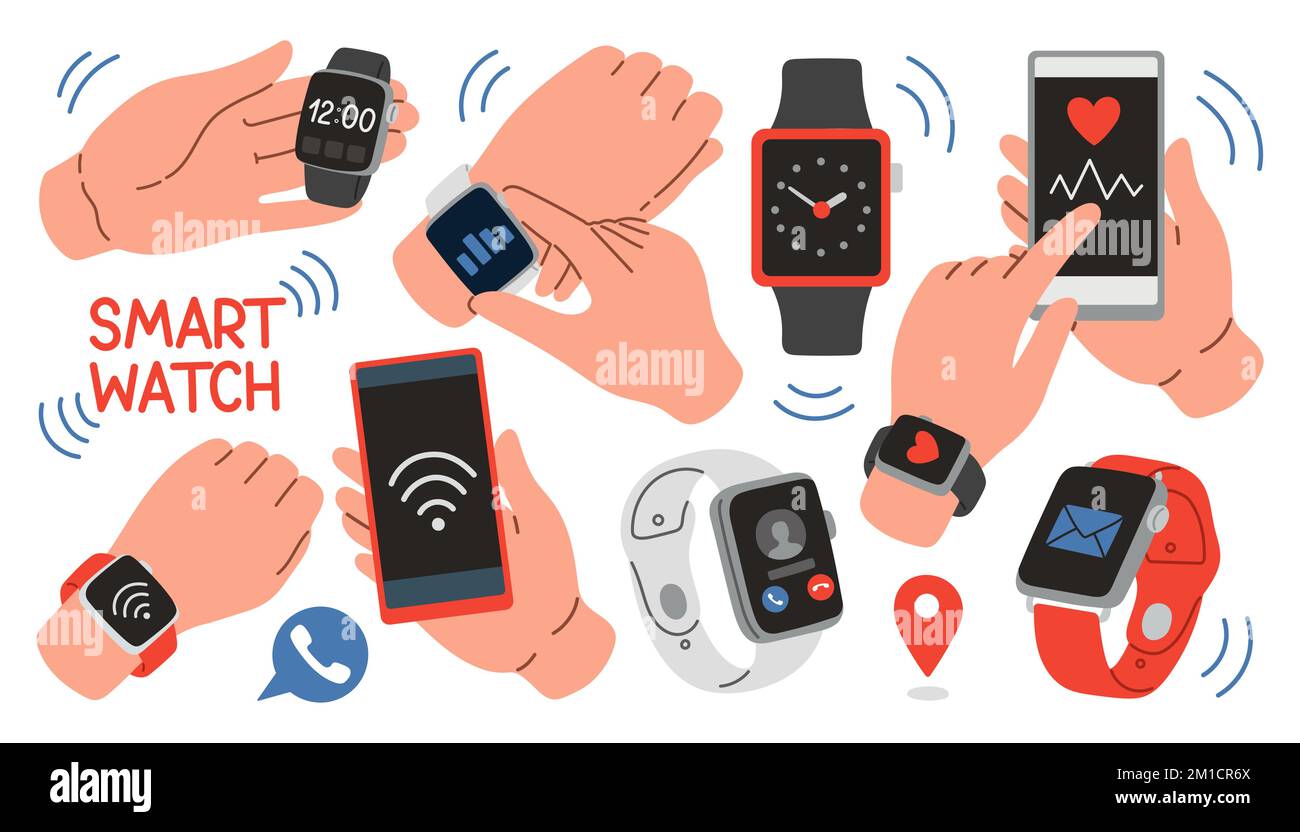 Smartwatches Vektoreinstellung. Smart Watch-Sammlung isoliert auf weißem Hintergrund. Smartwatch zur Hand Stock Vektor