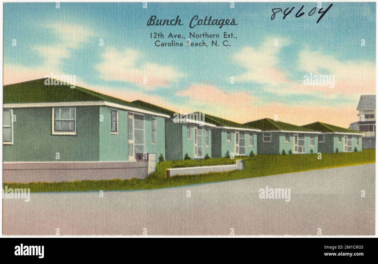 Bunch Cottages, 12. Ave., Northern Ext., Carolina Beach, N. C. Motels, Tichnor Brothers Collection, Postkarten der Vereinigten Staaten Stockfoto