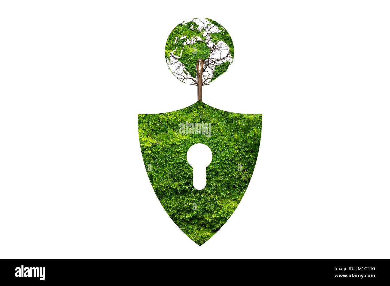 Grüner Schild schützt die Natur und die Umwelt auf weißem Hintergrund. Stockfoto