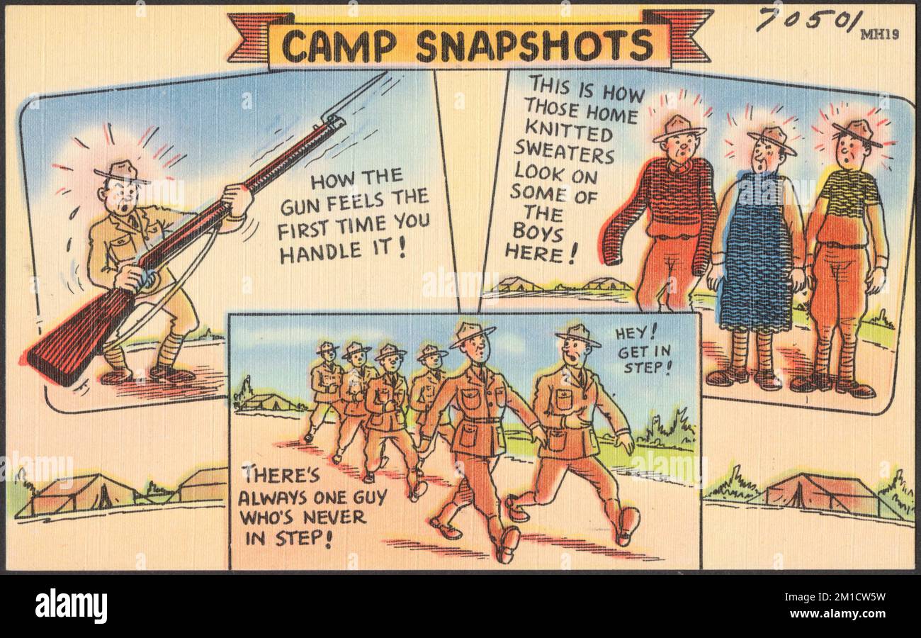 Camp-Schnappschüsse, Militärpersonal, Bajonette, militärische Ausbildung, Pullover, Militärisches Leben, militärische Einrichtungen, Tichnor Brothers Collection, Postkarten der Vereinigten Staaten Stockfoto