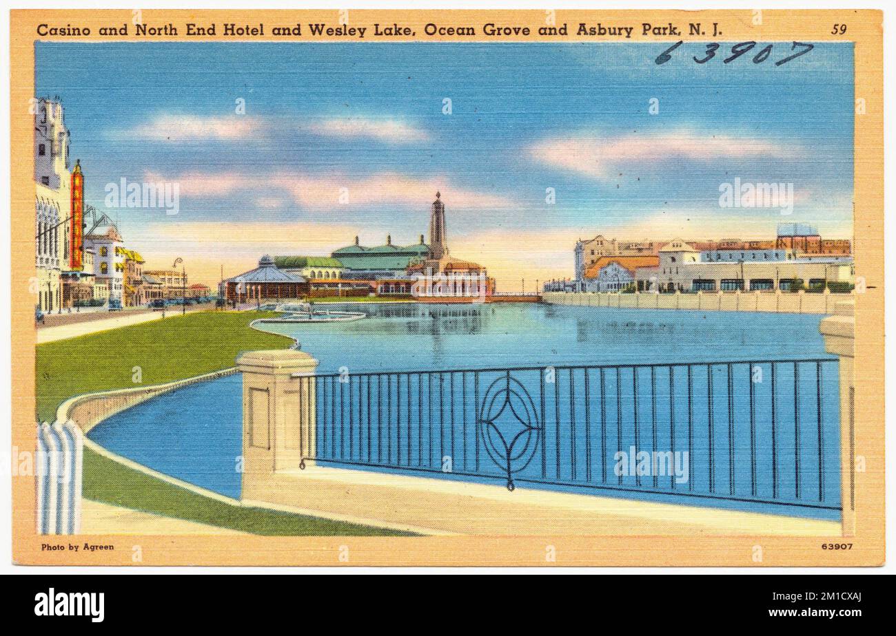 Casino und North End Hotel und Wesley Lake, Ocean Grove und Asbury Park, N. J. , Lakes & Ponds, Sport- und Erholungseinrichtungen, Hotels, Tichnor Brothers Collection, Postkarten der Vereinigten Staaten Stockfoto
