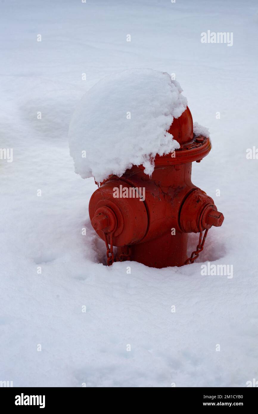 Eine rote Feuerlöscher, mit Schnee bedeckt, in Troja, Montana. Stockfoto