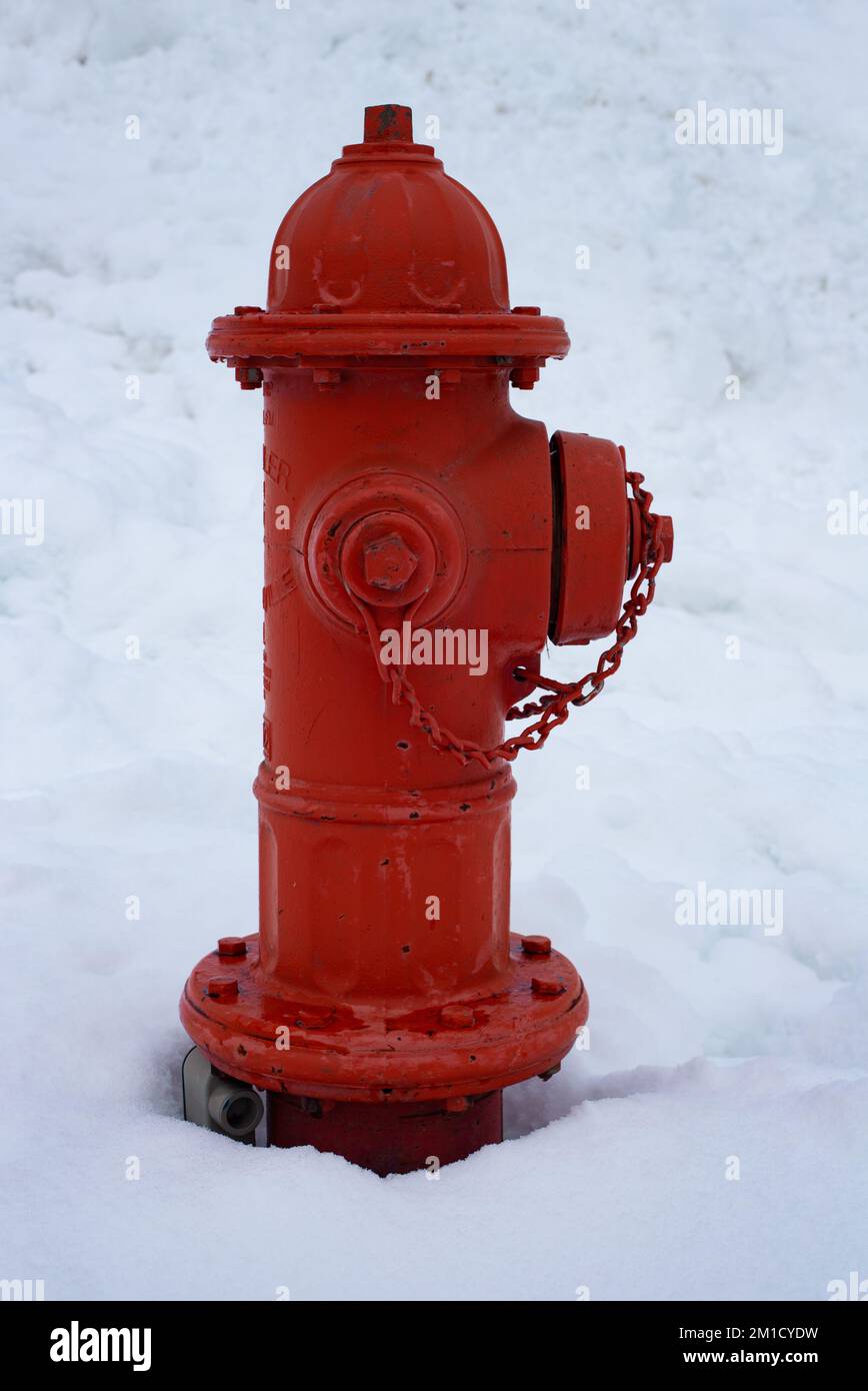 Eine rote Feuerlöscher, mit Schnee bedeckt, in Troja, Montana. Stockfoto