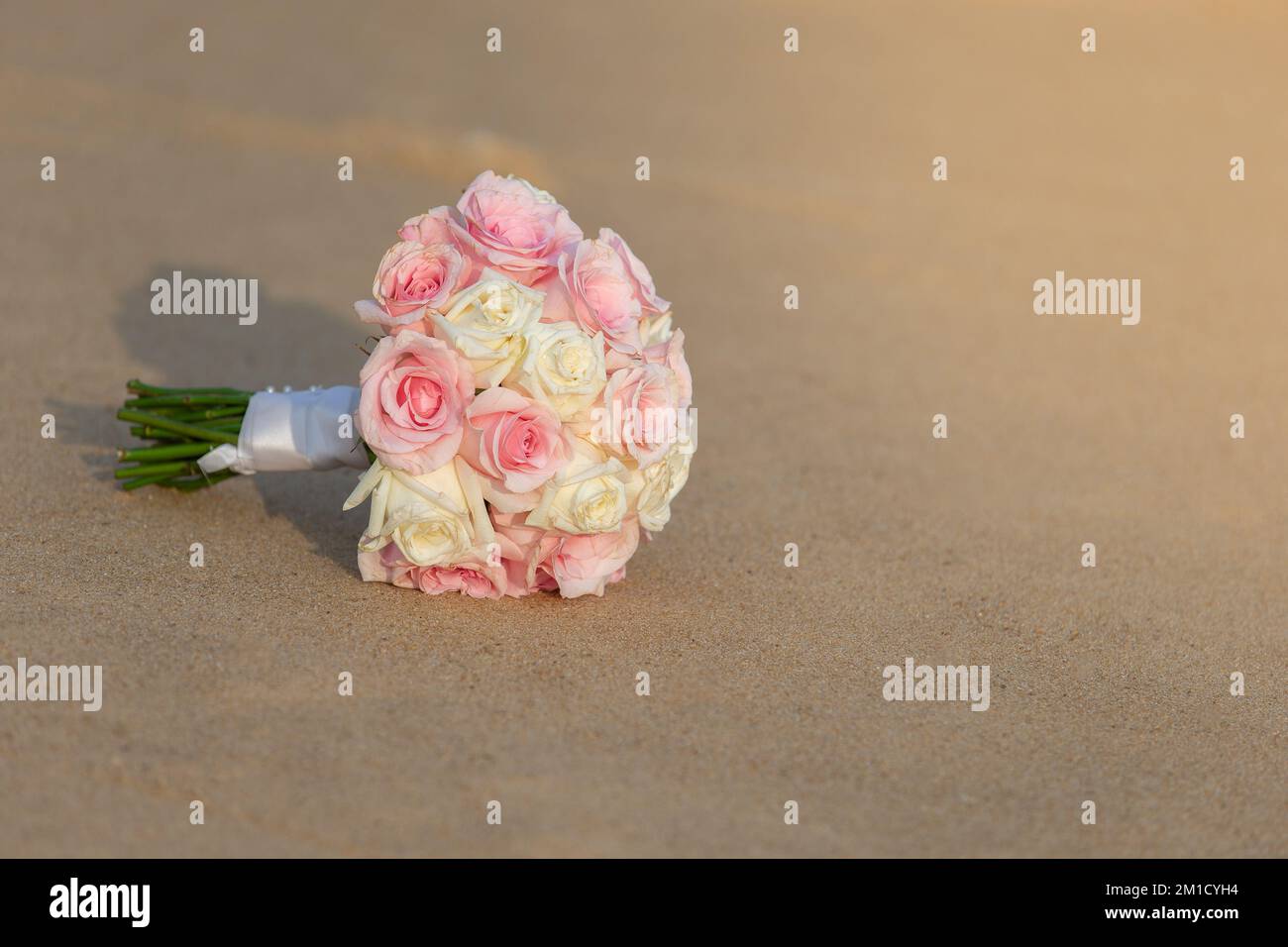 Am Sandstrand befindet sich ein großer Strauß Rosen. Sieht frisch aus und strahlt herrliches goldenes Sonnenlicht Stockfoto