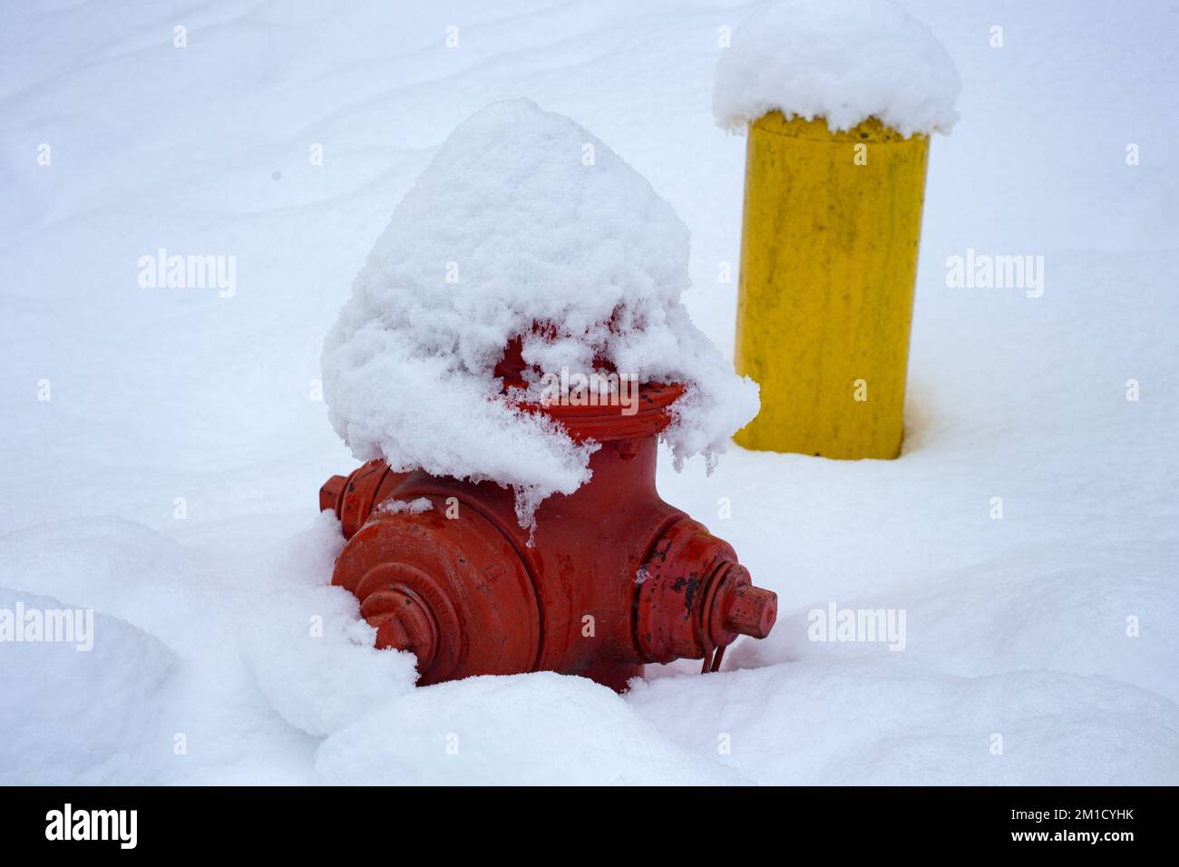 Eine rote Feuerlöscher, mit Schnee bedeckt, in Troja, Montana. Stockfoto