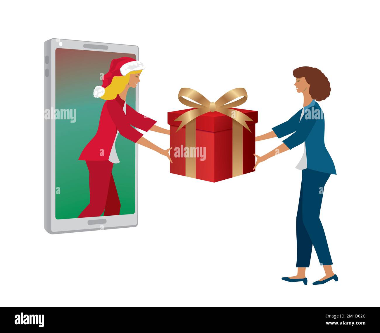 Weihnachtsmann-Frau schenkt ein Geschenk vom Handy. Isoliert. Vektorabbildung. Stock Vektor