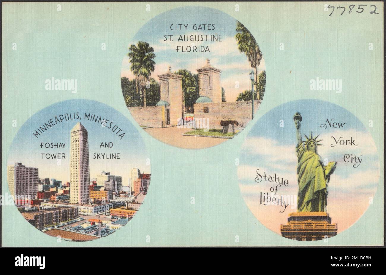 Stadttore, St. Augustine, Florida. Minneapolis, Minnesota, Foshay Tower und Skyline. Freiheitsstatue, New York City, Wolkenkratzer, Städte und Städte, Denkmäler und Gedenkstätten, Freiheitsstatue New York, New York, Tichnor Brothers Collection, Postkarten der Vereinigten Staaten Stockfoto