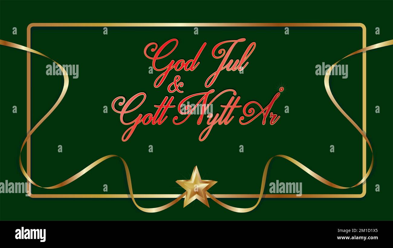 Schwedischer Text für Merry Christmas and Happy New Year (God Jul och Gott Nytt år. Abmessung 16:9. Vektordarstellung. Stock Vektor