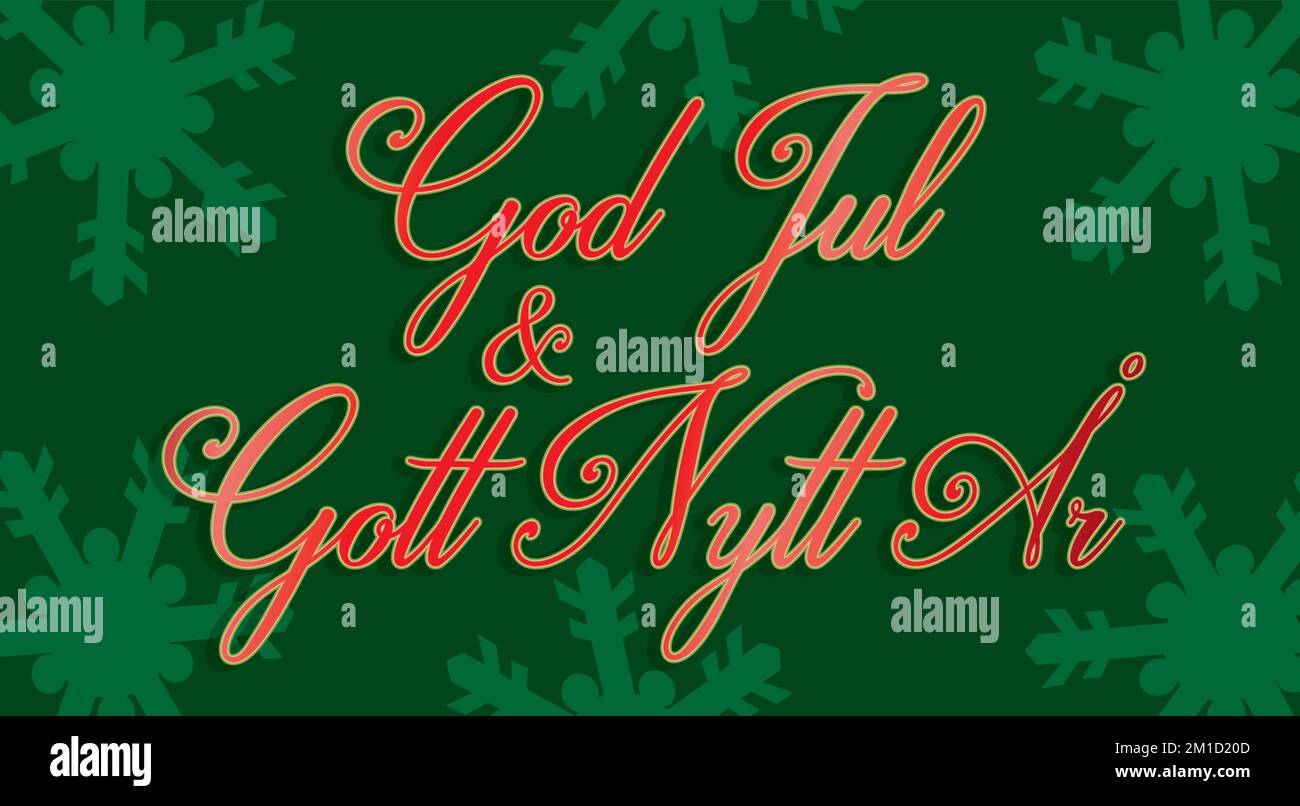 Schwedischer Text für Merry Christmas and Happy New Year (God Jul och Gott Nytt år. Abmessung 16:9. Vektordarstellung. Stock Vektor