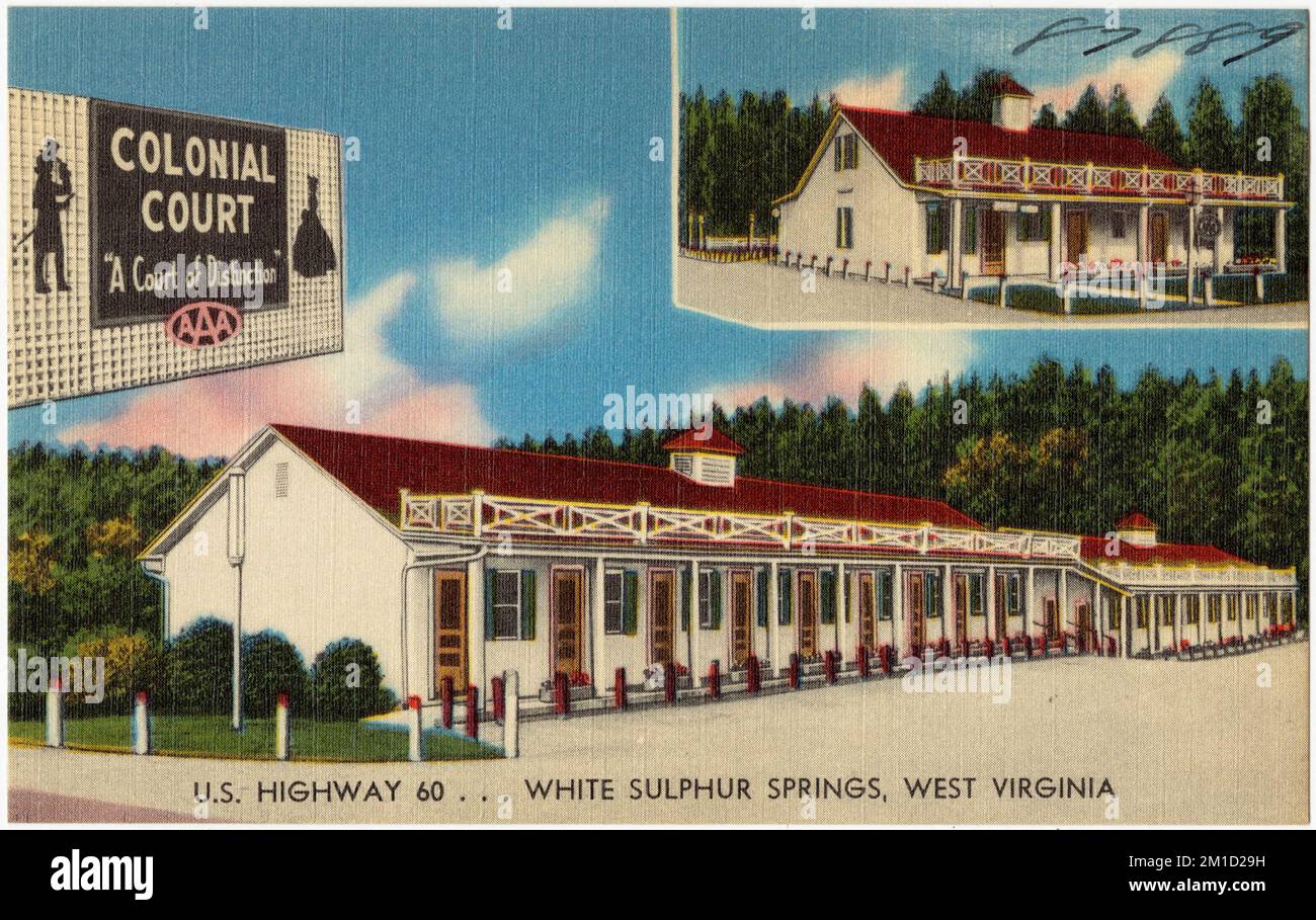 Kolonialgericht, USA Autobahn 60... White Sulphur Springs, West Virginia, Motels, Tichnor Brothers Collection, Postkarten der Vereinigten Staaten Stockfoto