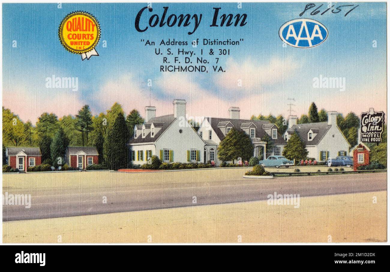 Colony Inn, "eine Adresse der Unterscheidung", USA Highway 1 & 301, R.F.D. No. 7, Richmond, VA. , Motels, Tichnor Brothers Collection, Postkarten der Vereinigten Staaten Stockfoto