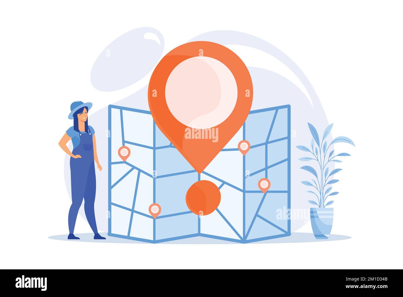 Routenplanung. Städterreise, Städtetourismus, Kartographie Idee. Mädchen Navigation mit Papier Karte Cartoon-Charakter. Altmodisches Ausrichtungswerkzeug Stock Vektor