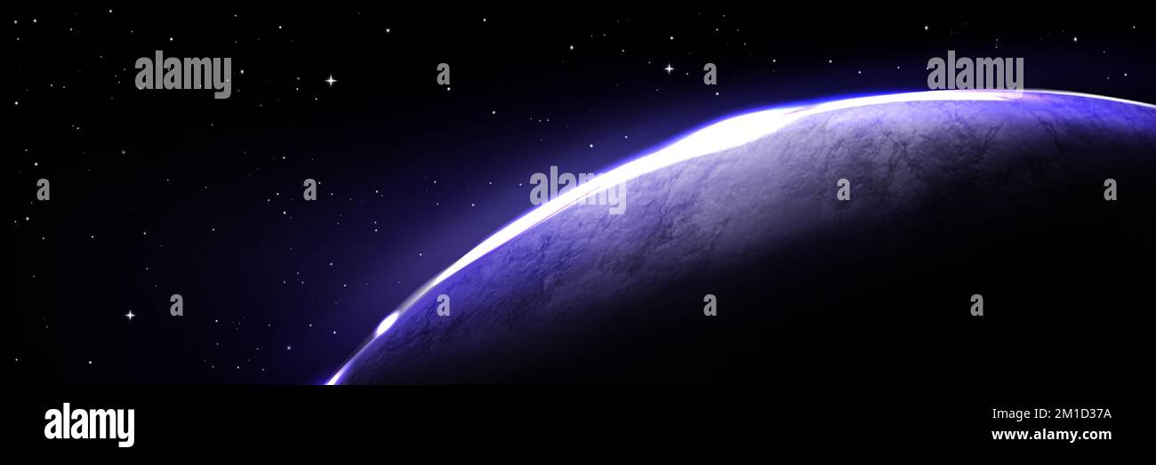 Planet mit blauem Licht am Horizont von aufgehender Sonne auf dem Hintergrund eines schwarzen Kosmos mit Sternen. Banner mit Weltraum- und Erdkugel mit leuchtender Atmosphäre am Rand, Vektor-realistische Illustration Stock Vektor
