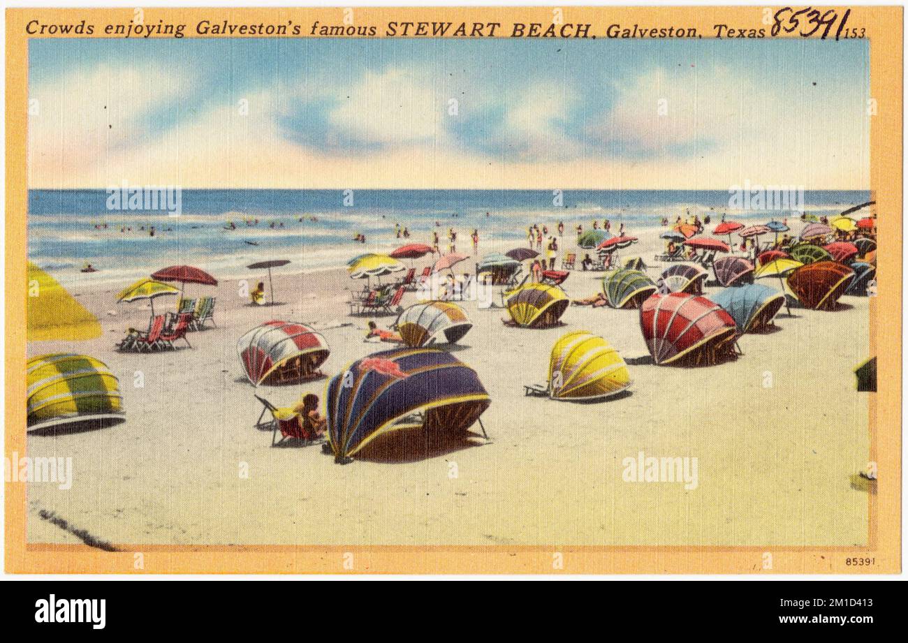 Menschenmassen, die Galvestons berühmten Steward Beach, Galveston, Texas, Strände, Tichnor Brothers Collection, Postkarten der Vereinigten Staaten Stockfoto