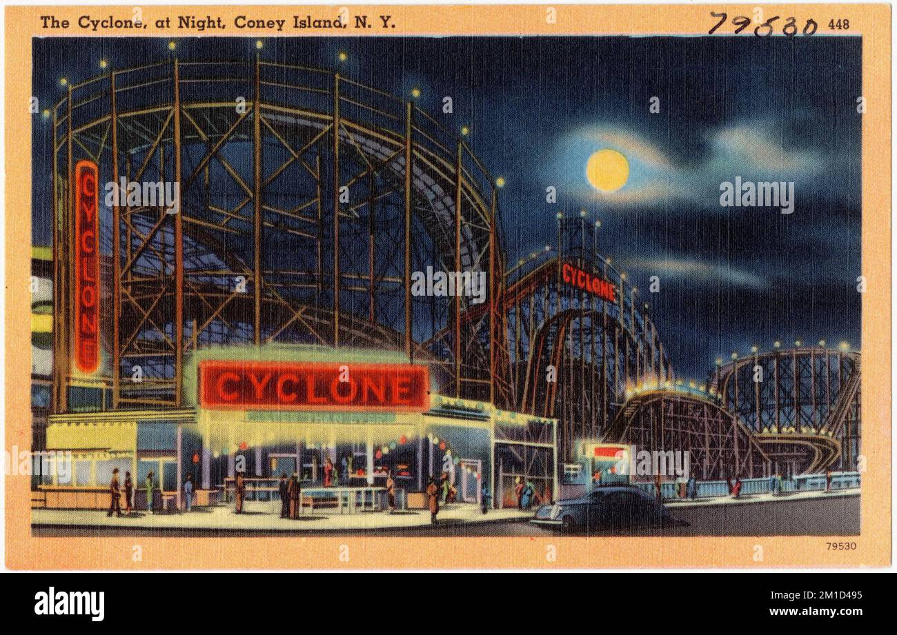 Der Zyklon, bei Nacht, Coney Island, N. Y., Vergnügungsfahrten, Tichnor Brothers Collection, Postkarten der Vereinigten Staaten Stockfoto