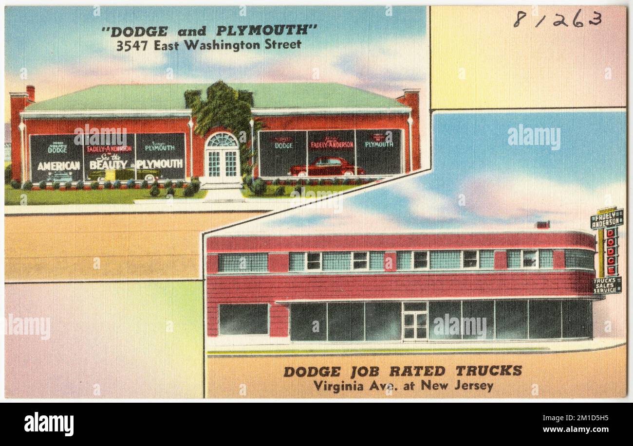 "Dodge and Plymouth", 3547 East Washington Street, Dodge Job-Rating Trucks, Virginia Ave. In New Jersey, Automobil-Tankstellen, Tichnor Brothers Collection, Postkarten der Vereinigten Staaten Stockfoto