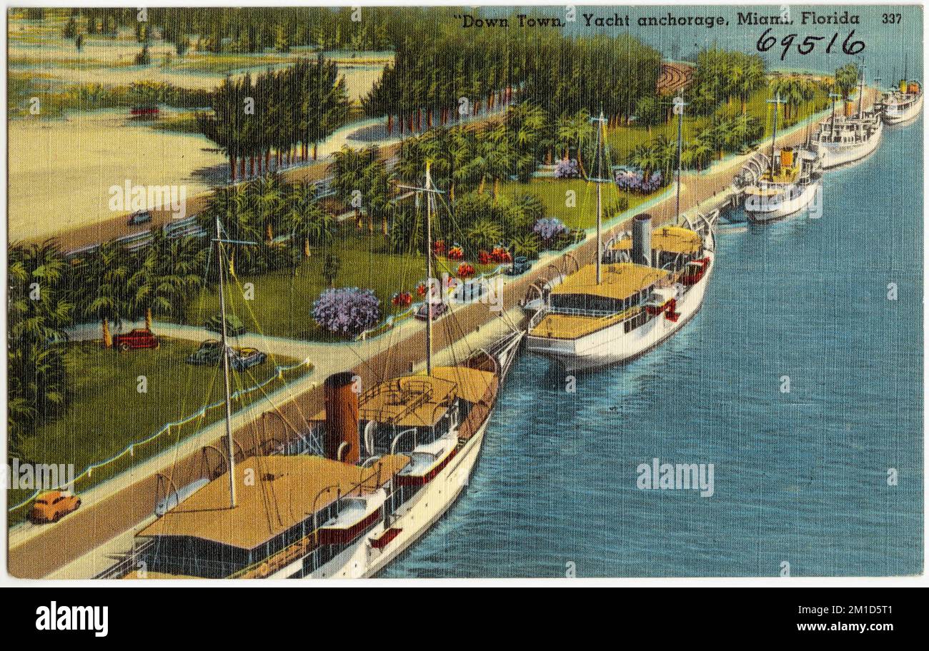 „Downtown“, Yachtanker, Miami, Florida, Piers & Kai, Boote, Tichnor Brothers Collection, Postkarten der Vereinigten Staaten Stockfoto
