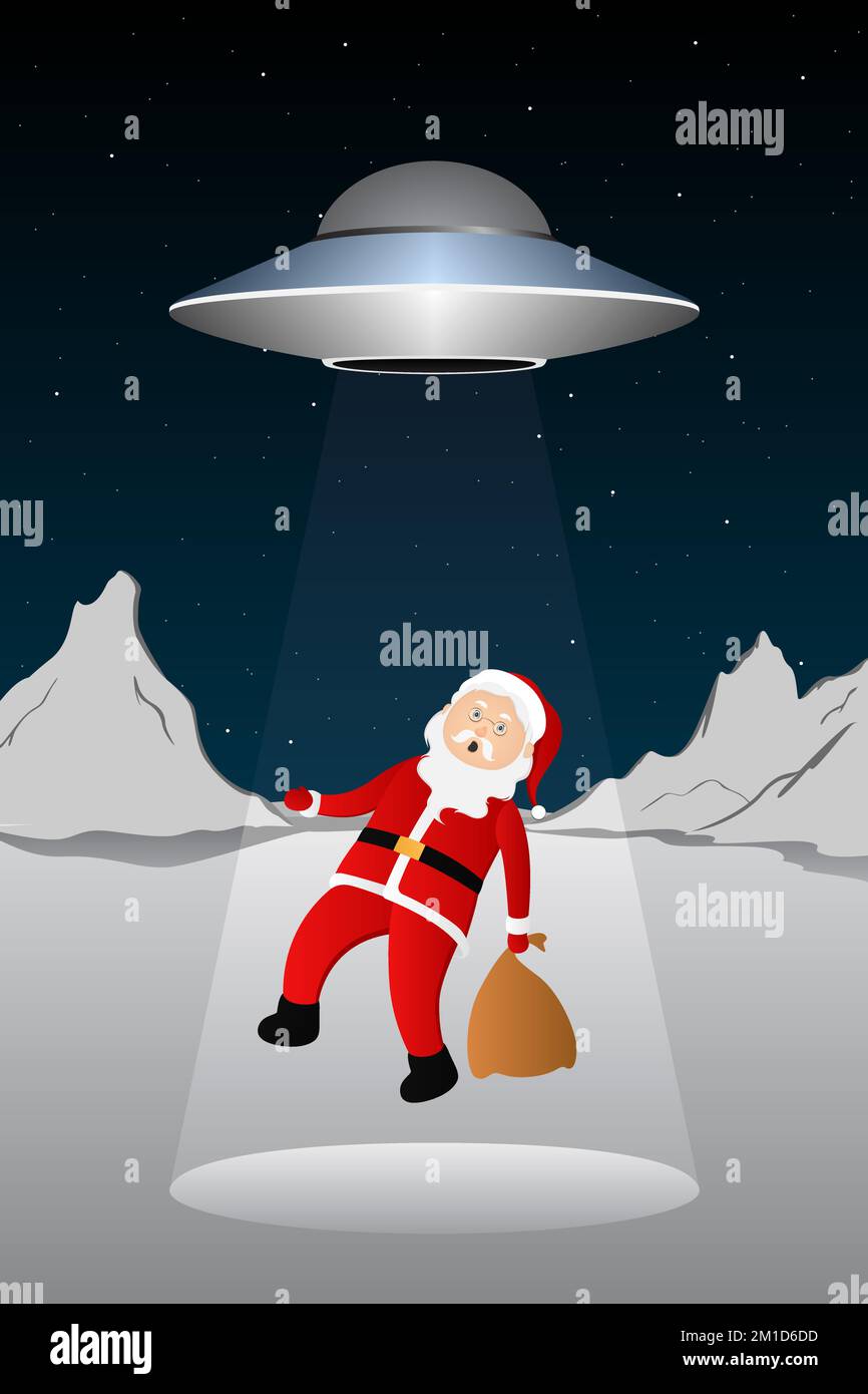 Der Weihnachtsmann mit der fliegenden Untertasse. Vektordarstellung. Stock Vektor
