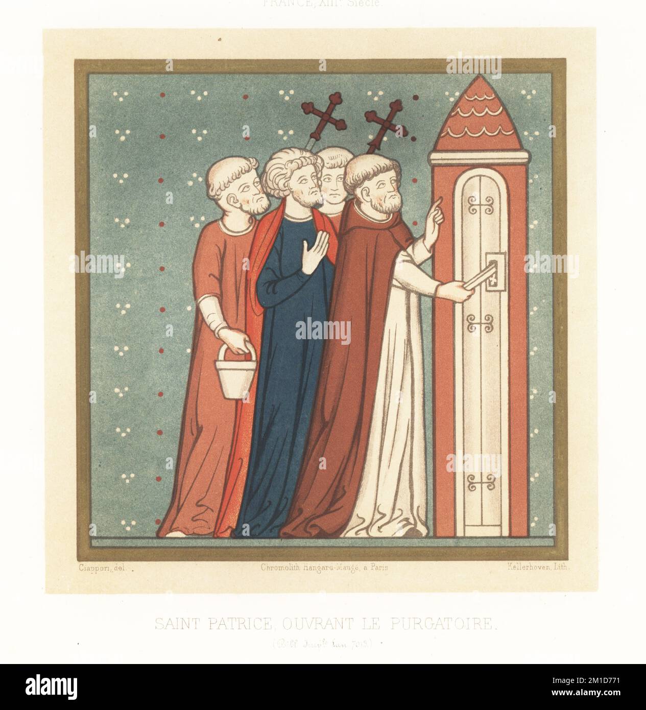 St. Patrick von Irland, gefolgt von Kanonen, die einen Schlüssel in das Schloss einer Kirchentür zur Grube oder zum Fegefeuer stecken. St. Patrice ouvrant le Purgatoire, Frankreich, XII le siecle. Von einem Manuskript über das Leben der Heiligen, Ian. MS 7019, Bibliotheque Imperiale. Chromolithograph von Franz Kellerhoven nach einer Illustration von Claudius Joseph Ciappori aus Charles Louandres Les Arts Somptuaires, The Sumptuary Arts, Hangard-Mauge, Paris, 1858. Stockfoto