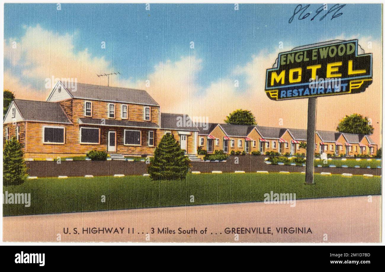 Englewood Motel & Restaurant, USA Autobahn 11... 3 Meilen südlich von... Greenville, Virginia, Motels, Restaurants, Tichnor Brothers Collection, Postkarten der Vereinigten Staaten Stockfoto