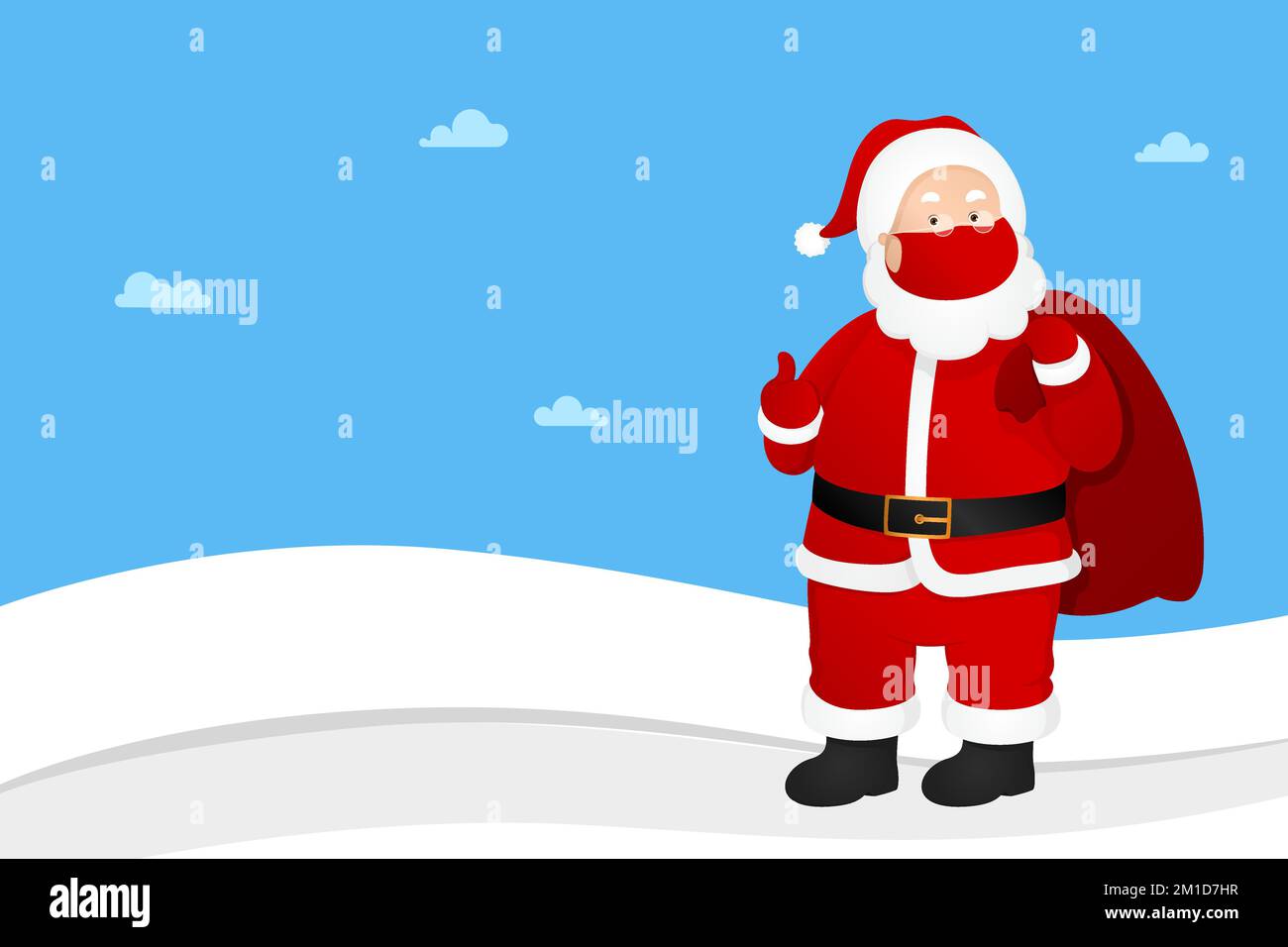 Silvester-Karte mit Kopierfeld. Der Weihnachtsmann mit Gesichtsmaske trägt einen Sack mit Geschenken. Vektordarstellung. Stock Vektor