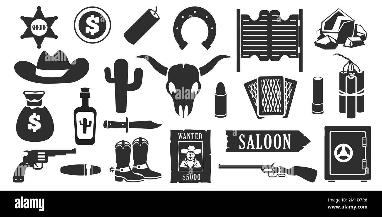 Wilde westschwarze Ikonen. westamerikanische Cowboy-Silhouetten mit Kaktus-Gitarre-Dynamit-Bandit-Revolver, einfache einfarbige Designelemente. Vektorsatz Stock Vektor
