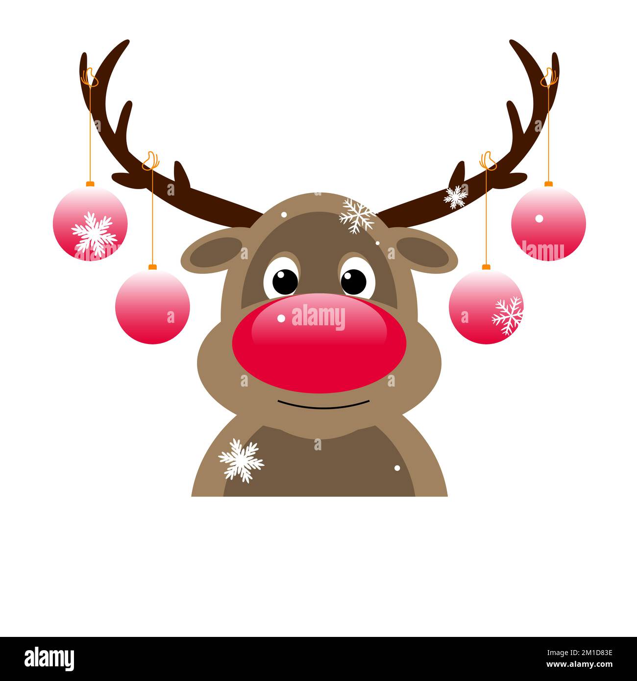 Das Zeichentrickhirsch mit roter Nase ist mit Weihnachtsbällen verziert. Rentiere auf weißem Hintergrund. Stock Vektor