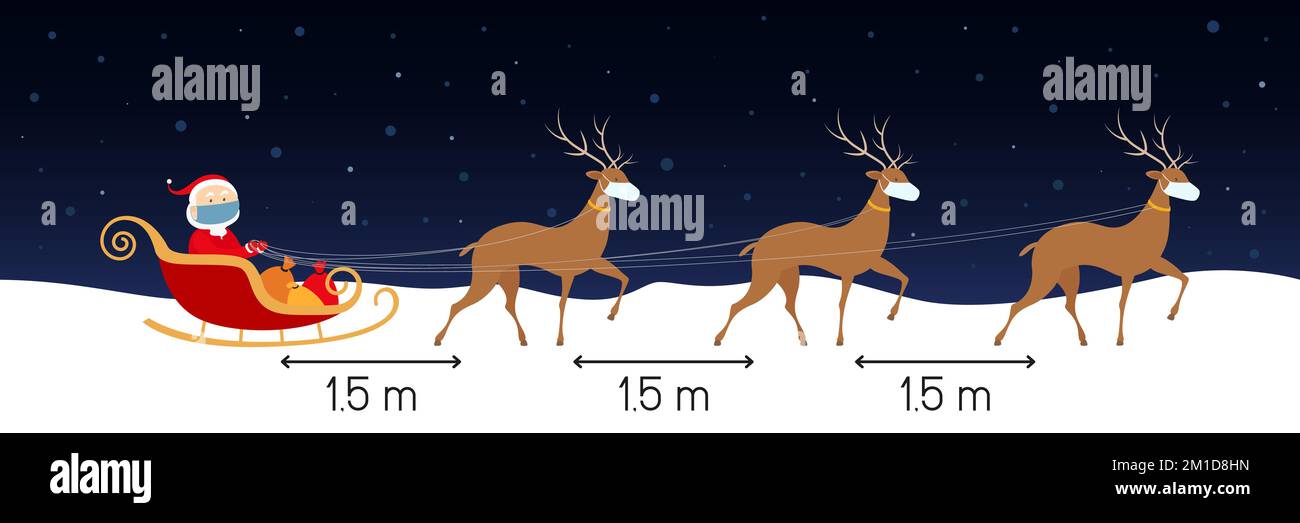 Soziale Distanz 1,5 Meter. Weihnachtsmann und Rentiere mit Gesichtsmasken. Vektordarstellung. Stock Vektor