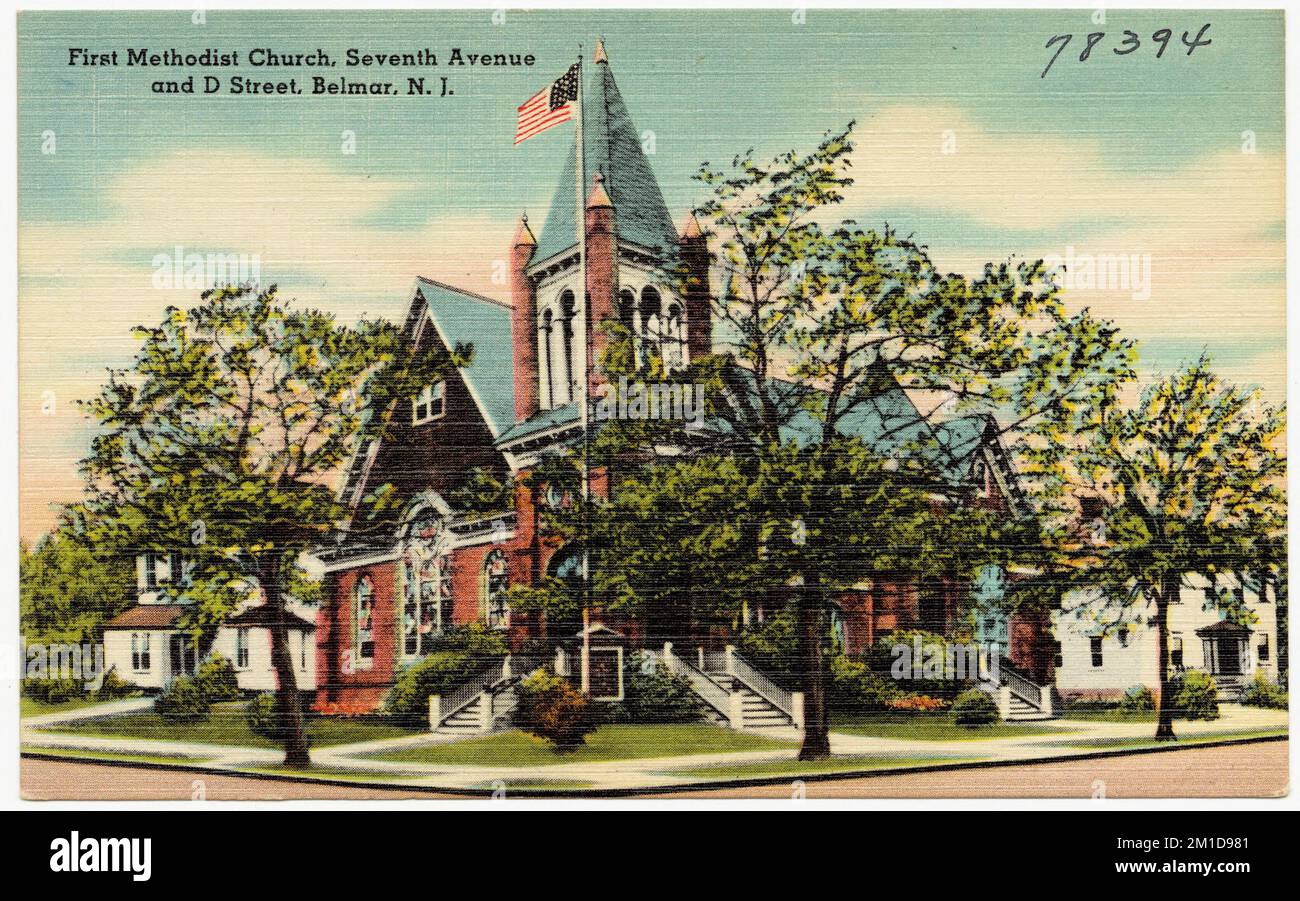 First Methodist Church, Seventh Avenue and D Street, Belmar, N. J. , Churches, Tichnor Brothers Collection, Postkarten der Vereinigten Staaten Stockfoto