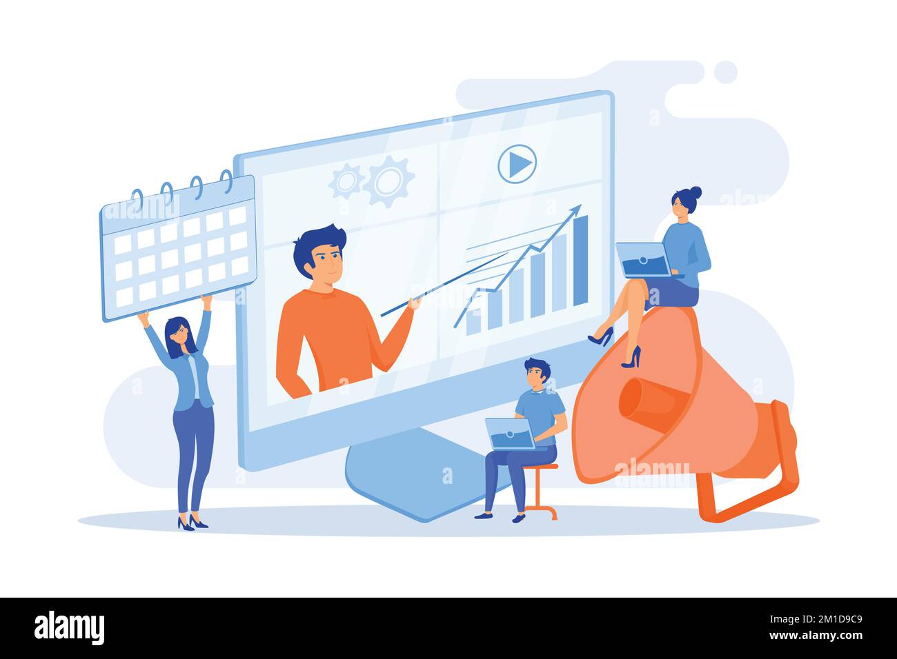 Infografiken, Statistikdiagramme und Diagrammvisualisierung. Digitale Präsentation, Online-Meeting im Büro, Konzept der visuellen Datendarstellung, Flachvect Stock Vektor