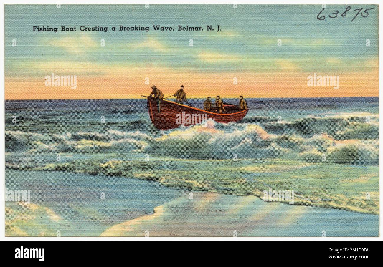 Fischerboot, das eine brechende Welle erzeugt, Belmar, N. J. , Seen, Boote, Tichnor Brothers Collection, Postkarten der Vereinigten Staaten Stockfoto