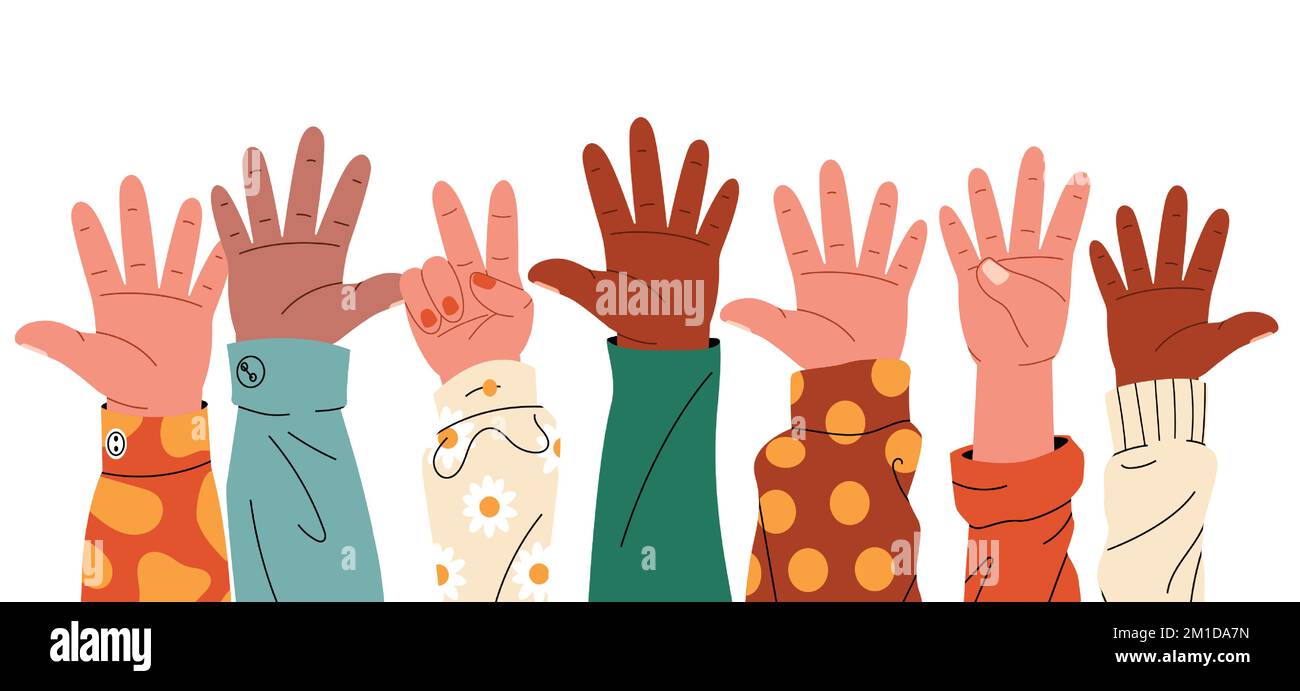 Erhobene Hände. Karikatur menschliche Handflächen mit verschiedenen Gesten, eine Gruppe verschiedener Menschen Arme zusammen aufsteigen Freiwilligengemeinschaftskonzept. Vektor flach Stock Vektor