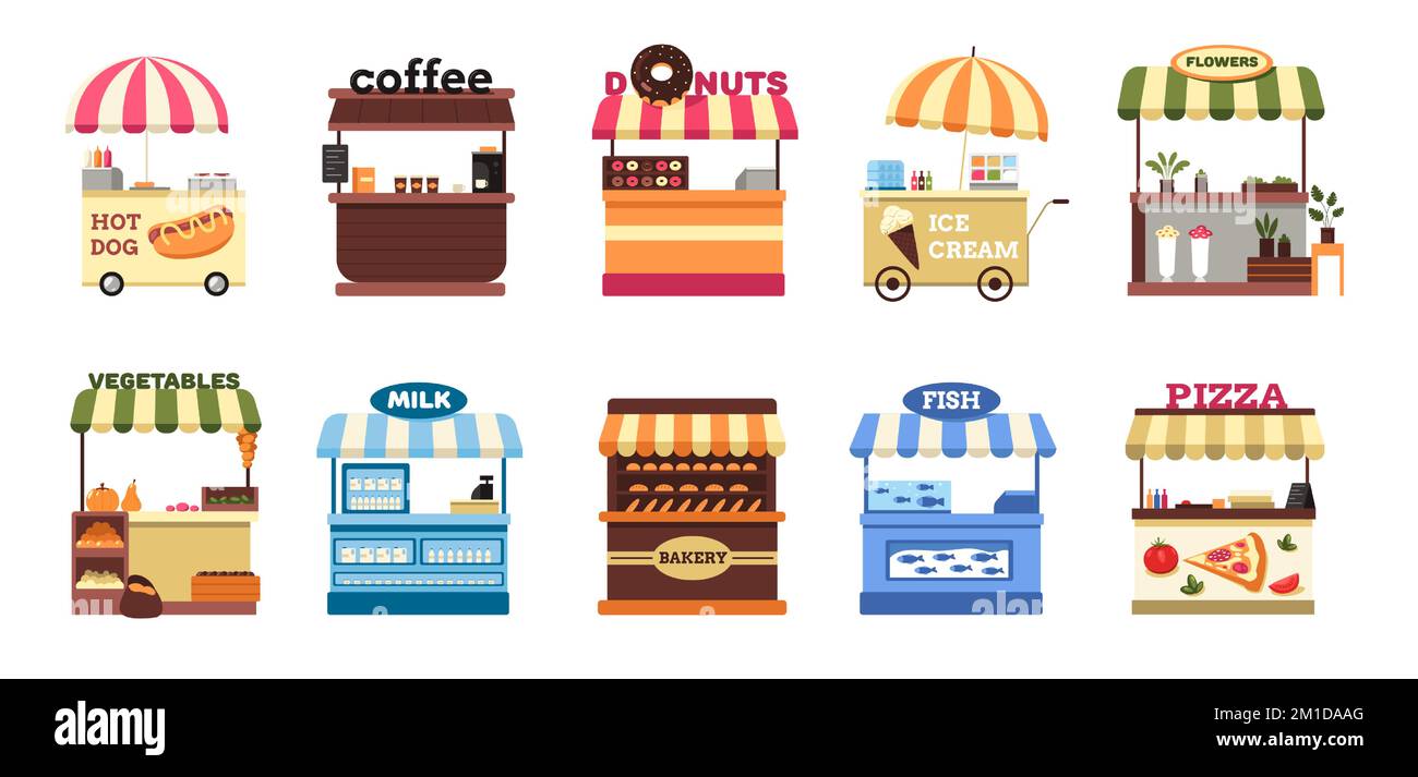 Straßenstand. Cartoon-Marktstand mit Obst, Gemüse, Meeresfrüchten, Kaffeeflumen, Festival lokaler Bauernwagen mit flachem Essen. Vektor isoliertes Set Stock Vektor
