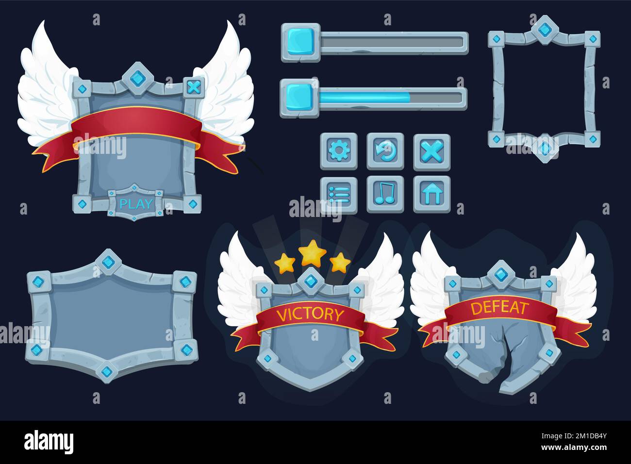 Setzen Sie Steinschild, Rahmen mit Edelsteinen, Preisband, Wings Game Victory Board Menü und Stetting Icons im Cartoon-Stil isoliert auf dem Hintergrund. Magischer königlicher Aktivposten, Vorlage. Vektordarstellung Stock Vektor