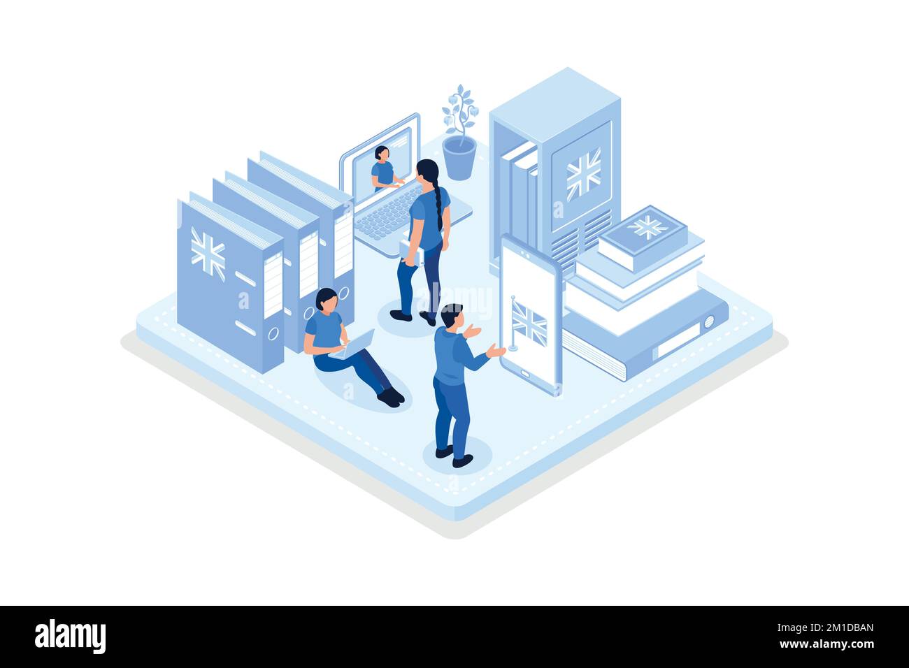 Schüler Lernen Englisch Online. Personen, die mit Smartphone, Büchern und Englisch lesen, zuhören und sprechen Stock Vektor