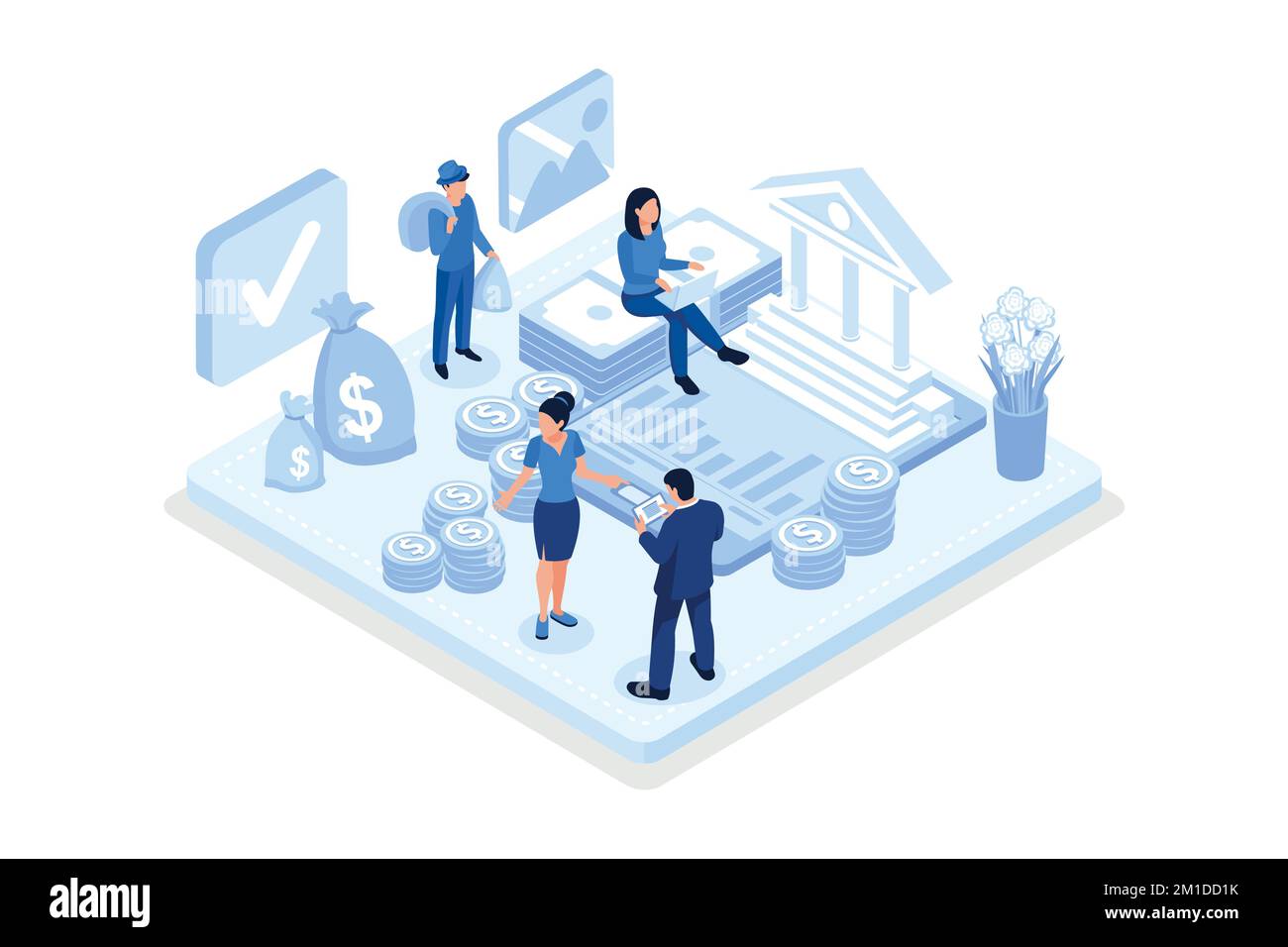 Münzen und Banknoten liegen in der Nähe des Finanzministeriums oder des Säulengebäudes des des Finanzamtes. Prüfkonzept der öffentlichen Finanzen, isometrischer Vektor modern illu Stock Vektor