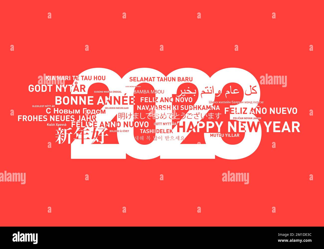 Frohes neues Jahr 2023 Karte aus der Welt in verschiedenen Sprachen. Roter Hintergrund Stockfoto
