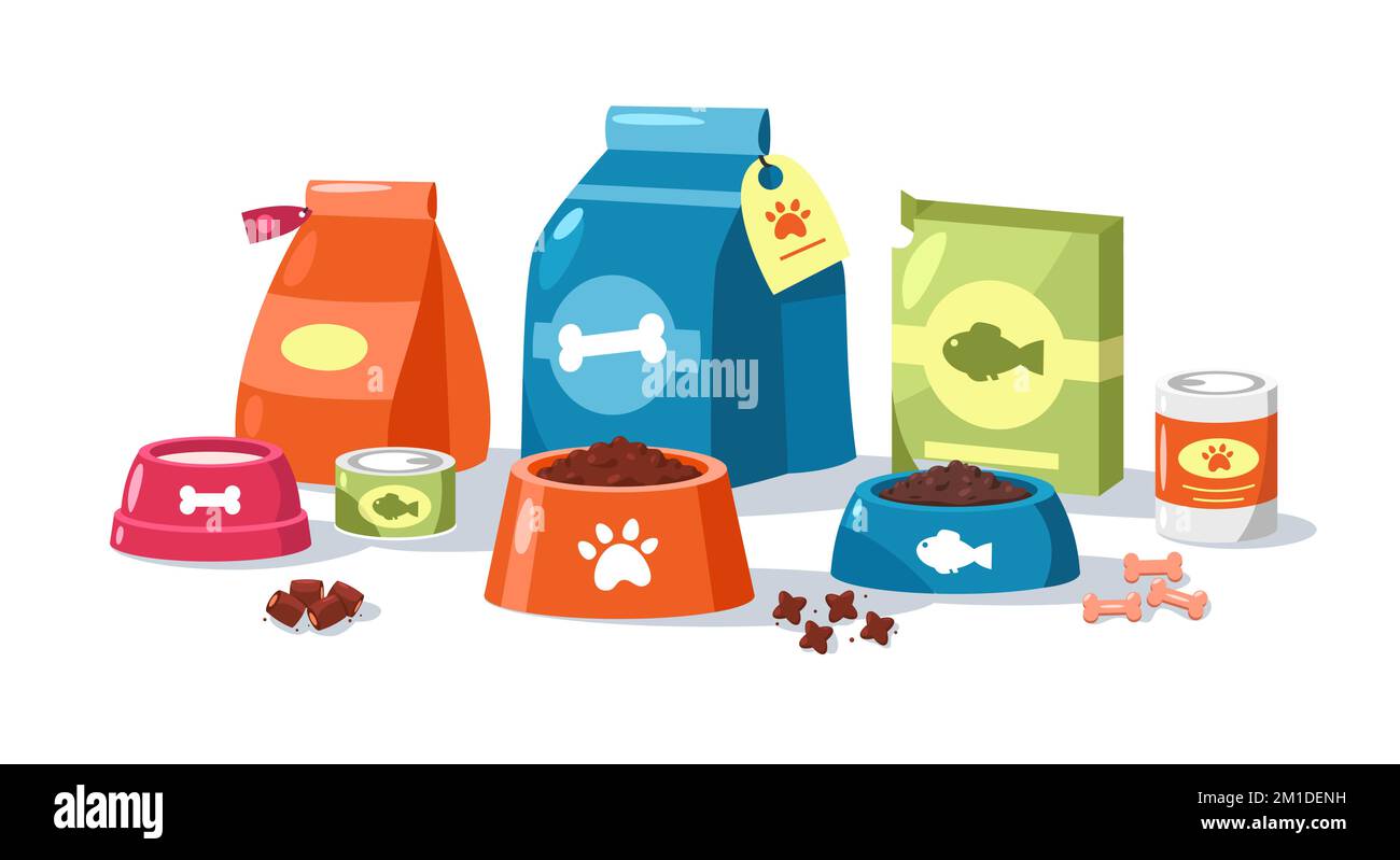 Tierfutterverpackungen. Karikaturenfutter für Katzen und Hunde mit Spielzeugzubehör, Haustierfütterungskonzept. Vektor Stock Vektor