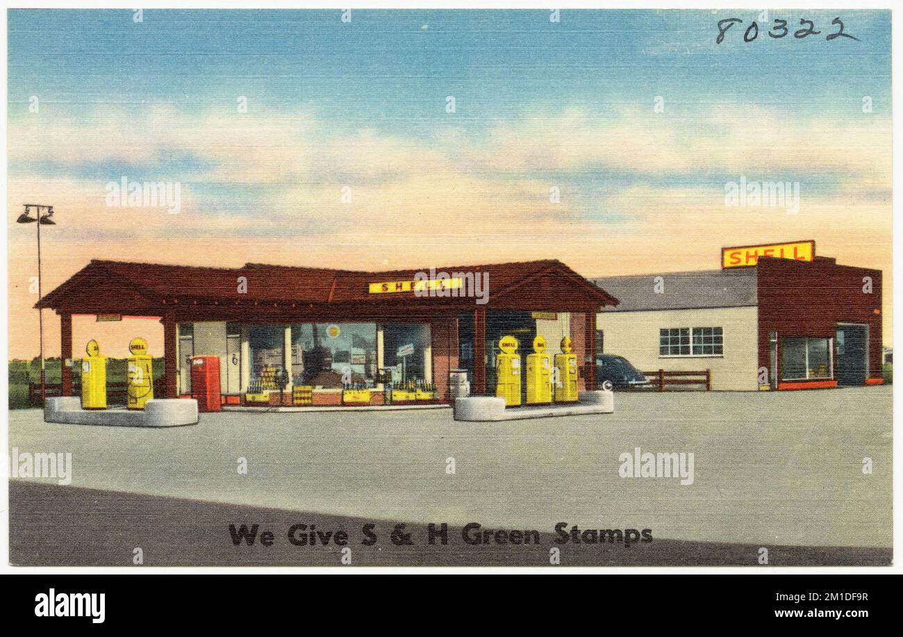 Fruitridge Manor Service, Shell, We give S & H Green Stamps , Automobile Tankstellen, Tichnor Brothers Collection, Postkarten der Vereinigten Staaten Stockfoto