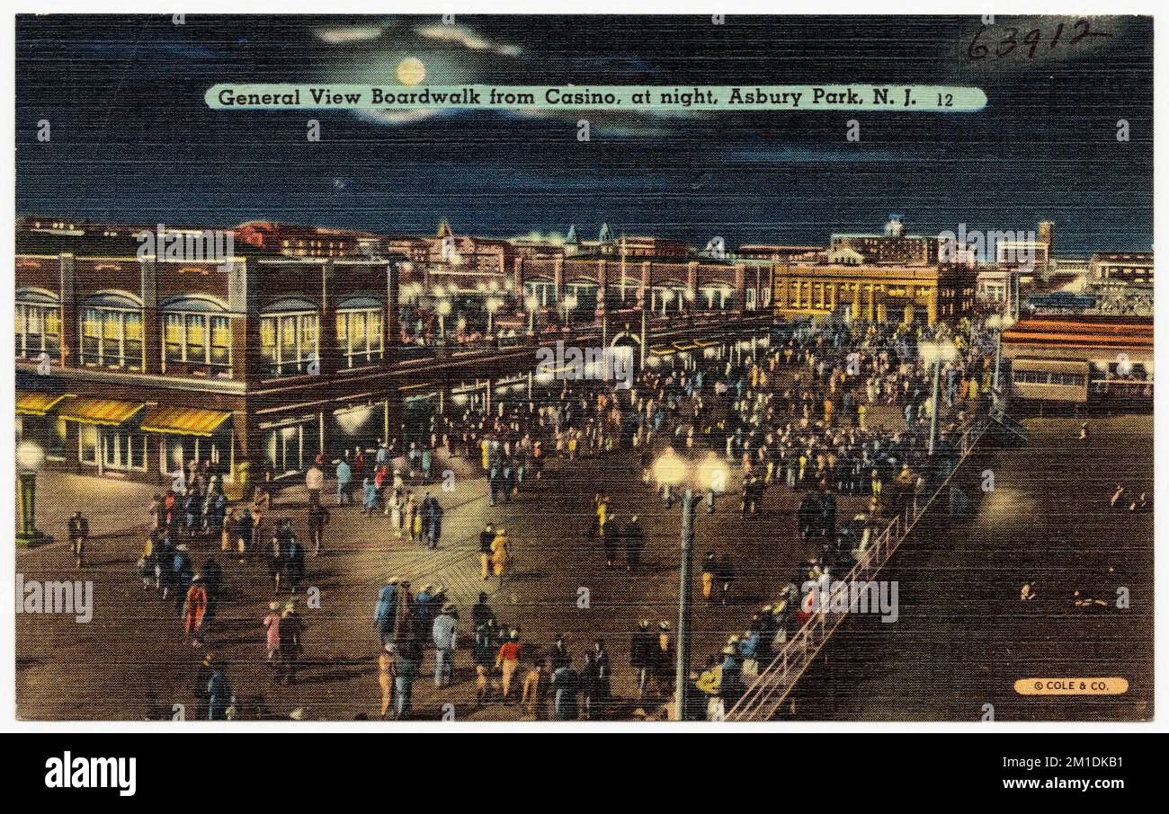 Allgemeine Aussicht vom Kasino, bei Nacht, Asbury Park, N. J., Promenade, Tichnor Brothers Collection, Postkarten der Vereinigten Staaten Stockfoto