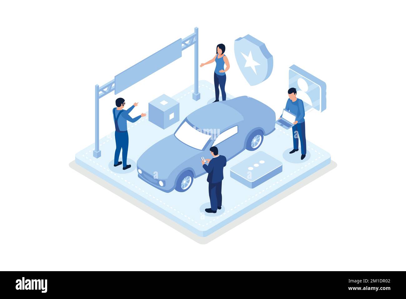 Ein Mann steht neben einem beschädigten Auto und ruft bei der Autoversicherung an. Autounfall auf der Straße. Automatische Kollisionsszene, isometrischer Vektor modern Stock Vektor