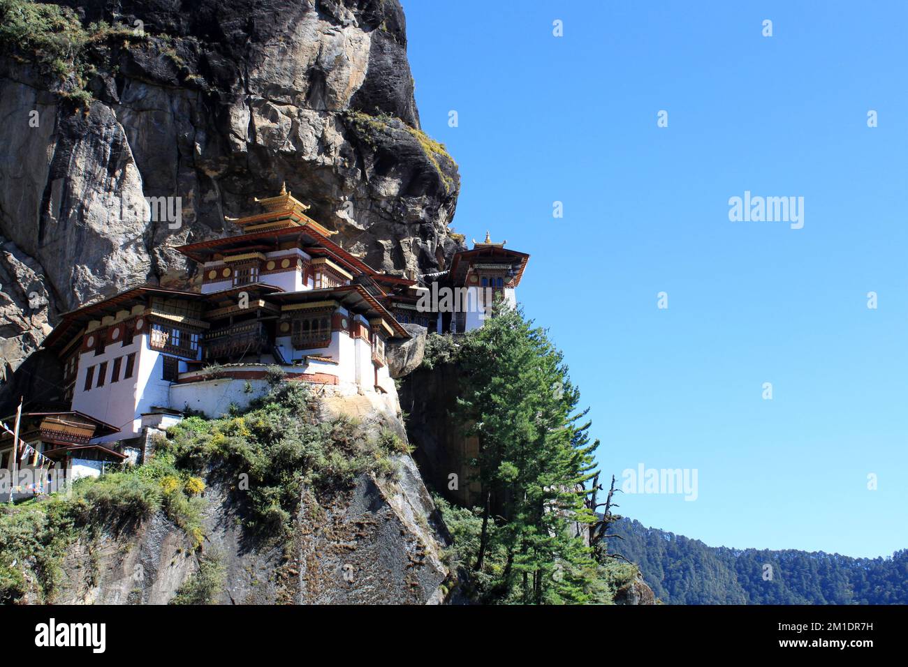 Blick auf den Tiger Nest Tempel in Bhutan Stockfoto